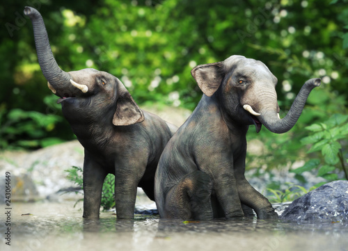 Two small baby elephants playing in the water. 3d rendering