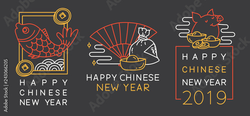 Chinese New Year greeting badge in simple editable thin line style vector illustration