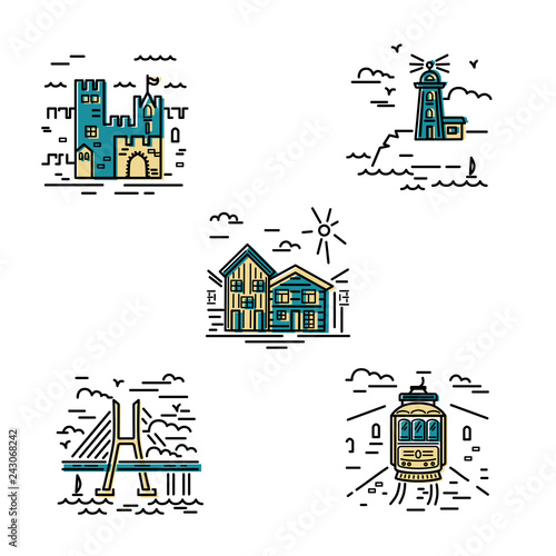 City symbols vector set with casle, lighthouse, houses, brige and tram. Flat and line style vector illustration. Real estate and travel concept.