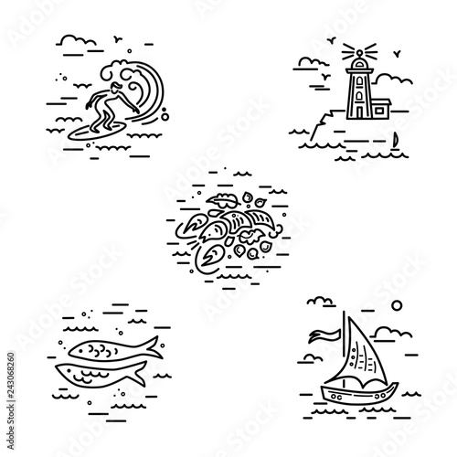 Sea vacation symbols vector set with surfing, lighthouse, lobster, sailboat and fishes. Travel concept. Vector illustration.