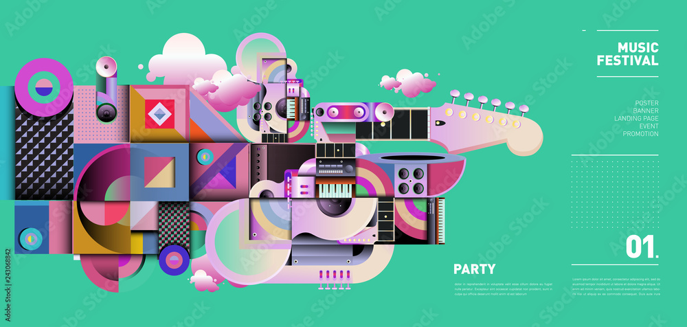 Obraz premium Music Festival Illustration Design for Party and Event. Vector Illustration Collage of Music for Background and Wallpaper in eps 10