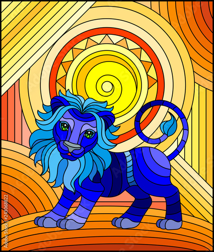 Fototapeta Naklejka Na Ścianę i Meble -  Illustration in stained glass style with funny blue lion and sun on abstract orange  background