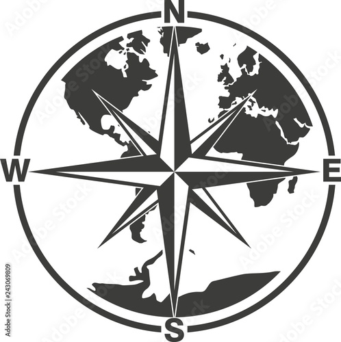 Black and white illustration of a star map of the globe and sides of the world