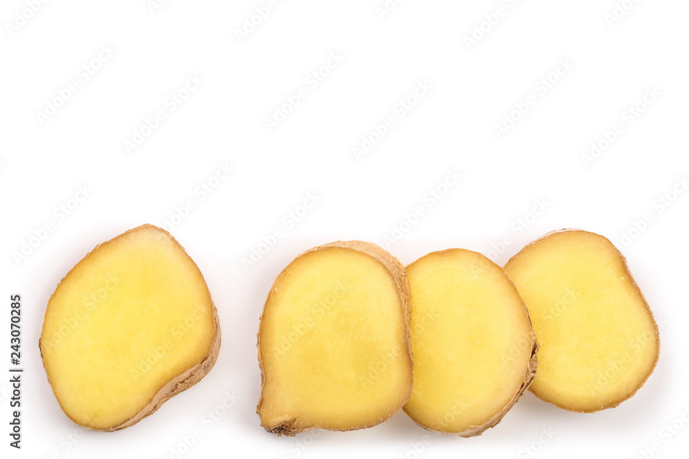 slice of fresh Ginger root isolated on white background with copy space for your text. Top view. Flat lay