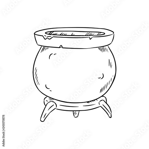 Magic cauldron doodle sketch. Hand drawn wiccan design. Alchemy, potions symbol