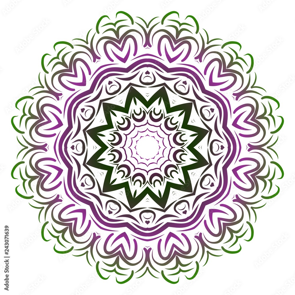 Green, purple color Anti-stress therapy pattern. Mandala. For design backgrounds. Vector illustration.