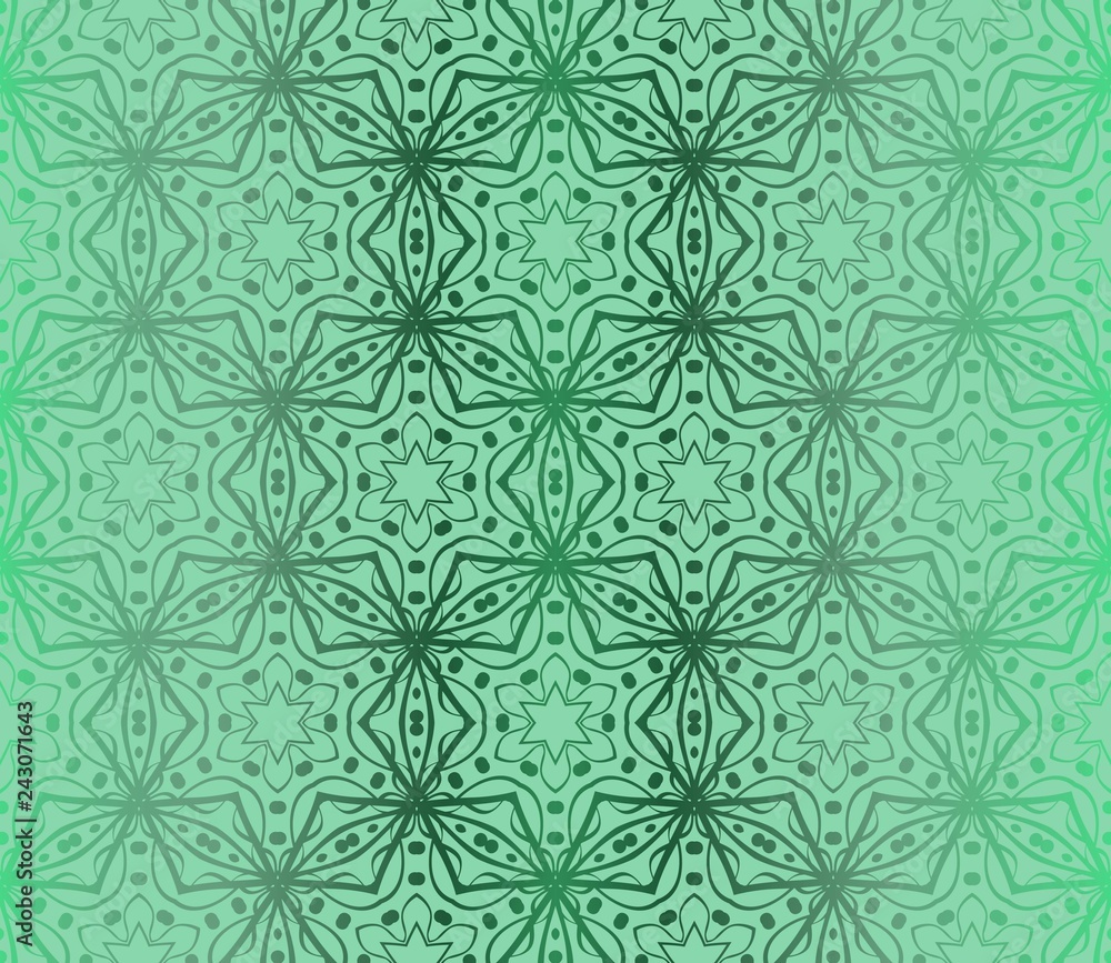 Green Color Seamless Lace Pattern With Abstract Geometric Flower. Stylish Fashion Design Background For Invitation Card. Vector Illustration.