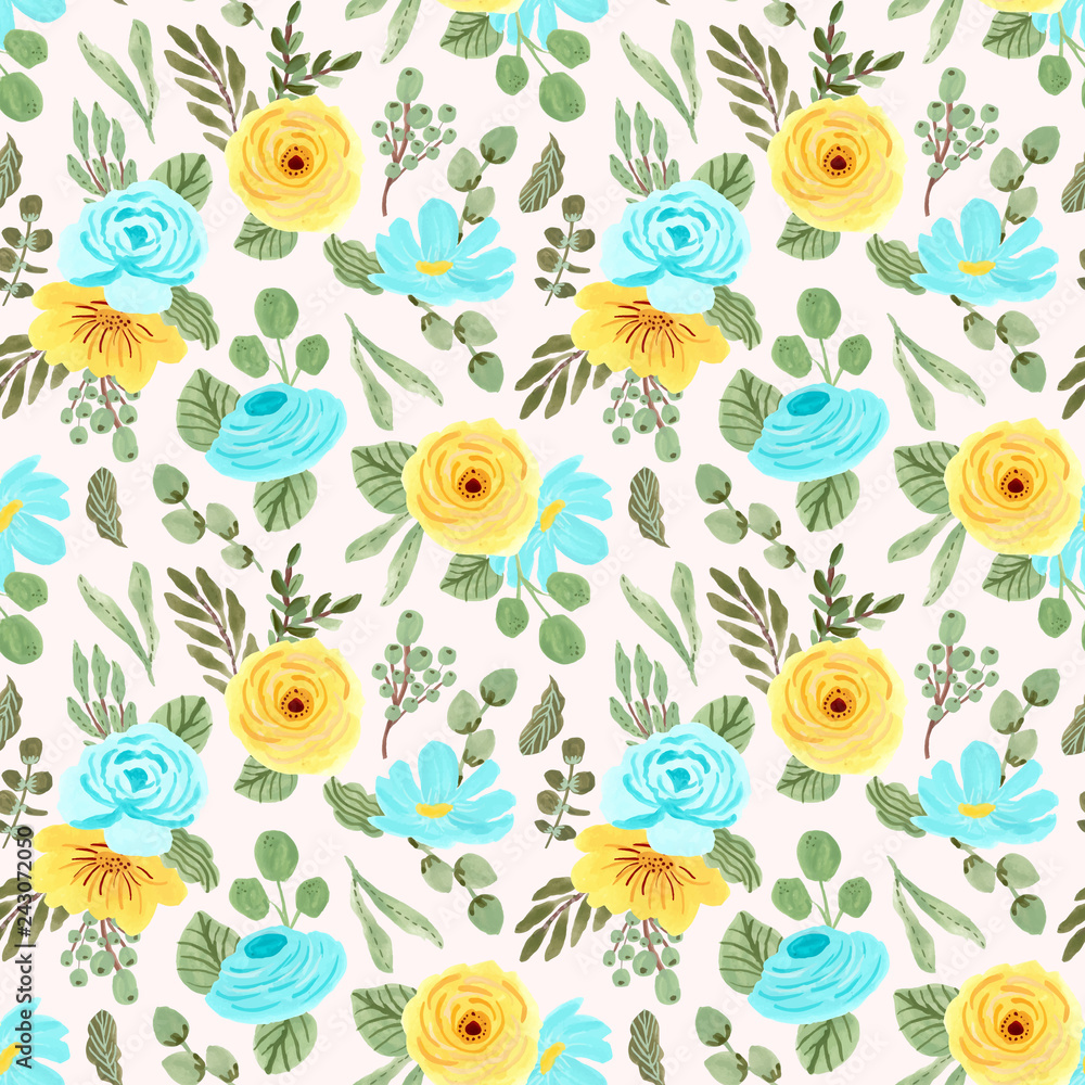 Fototapeta premium yellow blue flower seamless pattern
