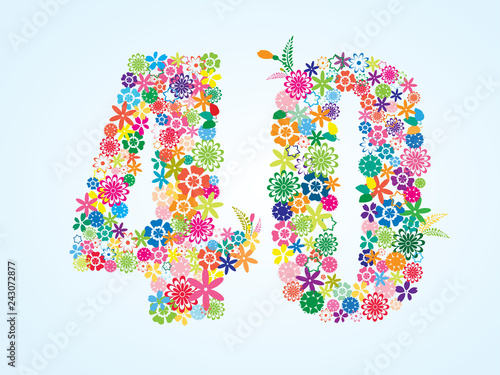 Vector Colorful Floral 40 Number Design isolated on white background. Floral Number Forty Vector Typeface.