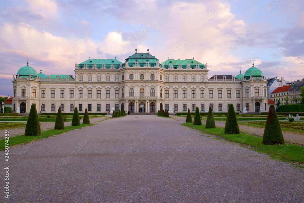 Belvedere Palace - the summer residence of the Prince of Savoy on April evening. Vienna, Austria