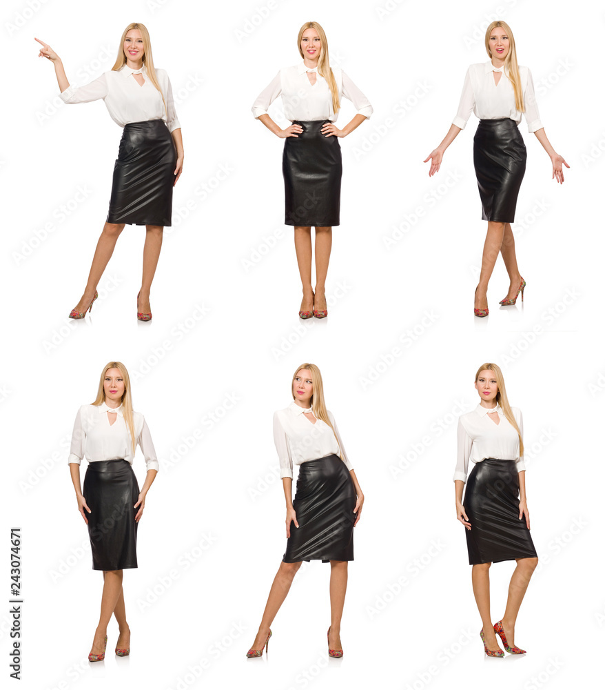 Obraz premium Pretty woman in leather skirt isolated on white