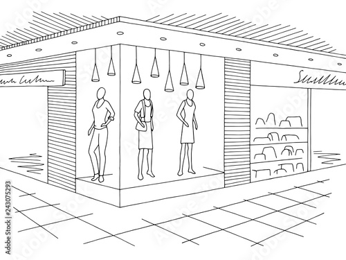Shopping mall graphic black white interior sketch illustration vector