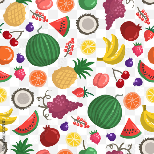 Fototapeta Naklejka Na Ścianę i Meble -  Vector seamless pattern with fruits and berries on white color. Colored pattern on the theme of organic, vegetarian food