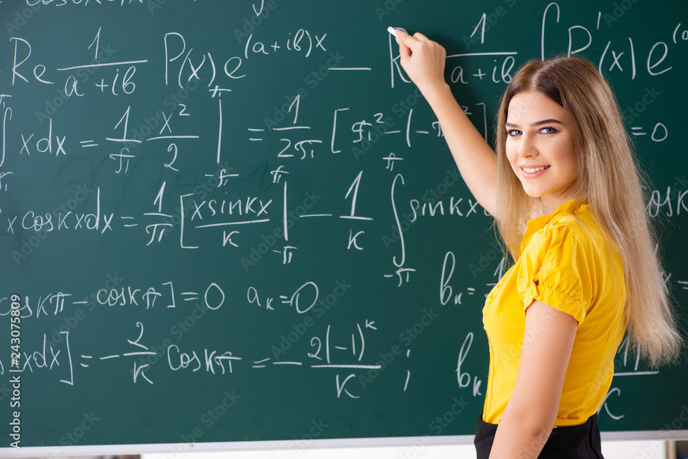 Young female student in front of the chalkboard Young female student in front of the chalkboard