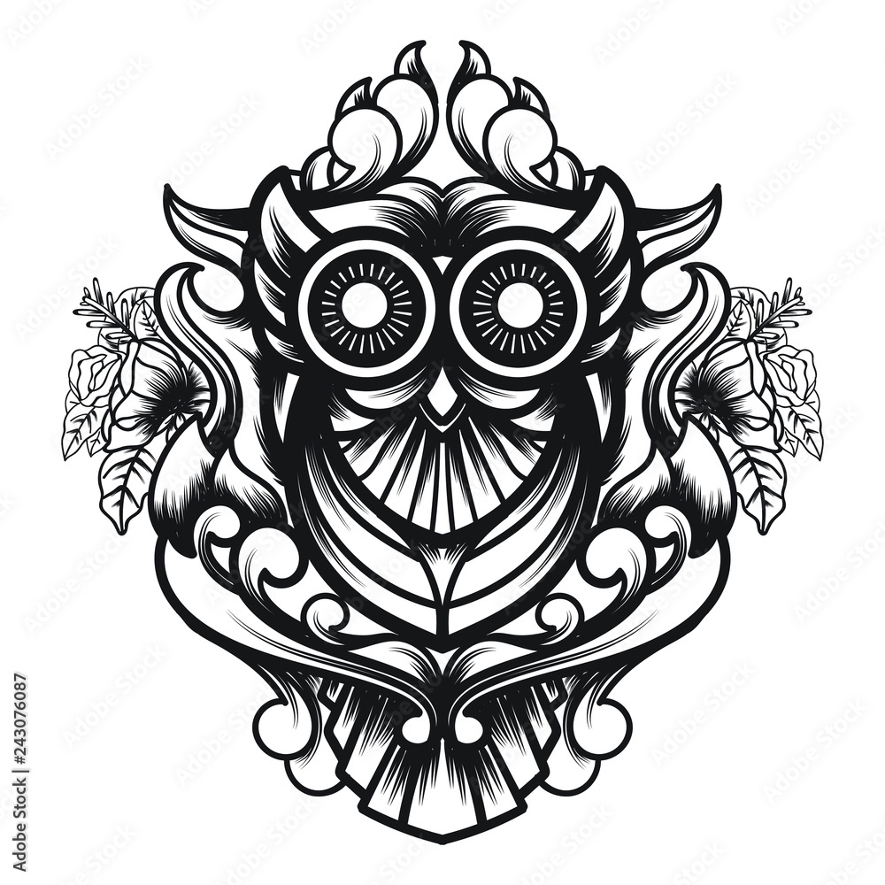 Line art of Owl Ornamental Sacred Geometry with a blend of geometry ornament