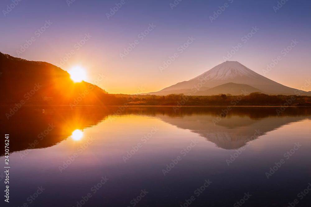 Mt. Fuji in sunrise at Lake Saiko