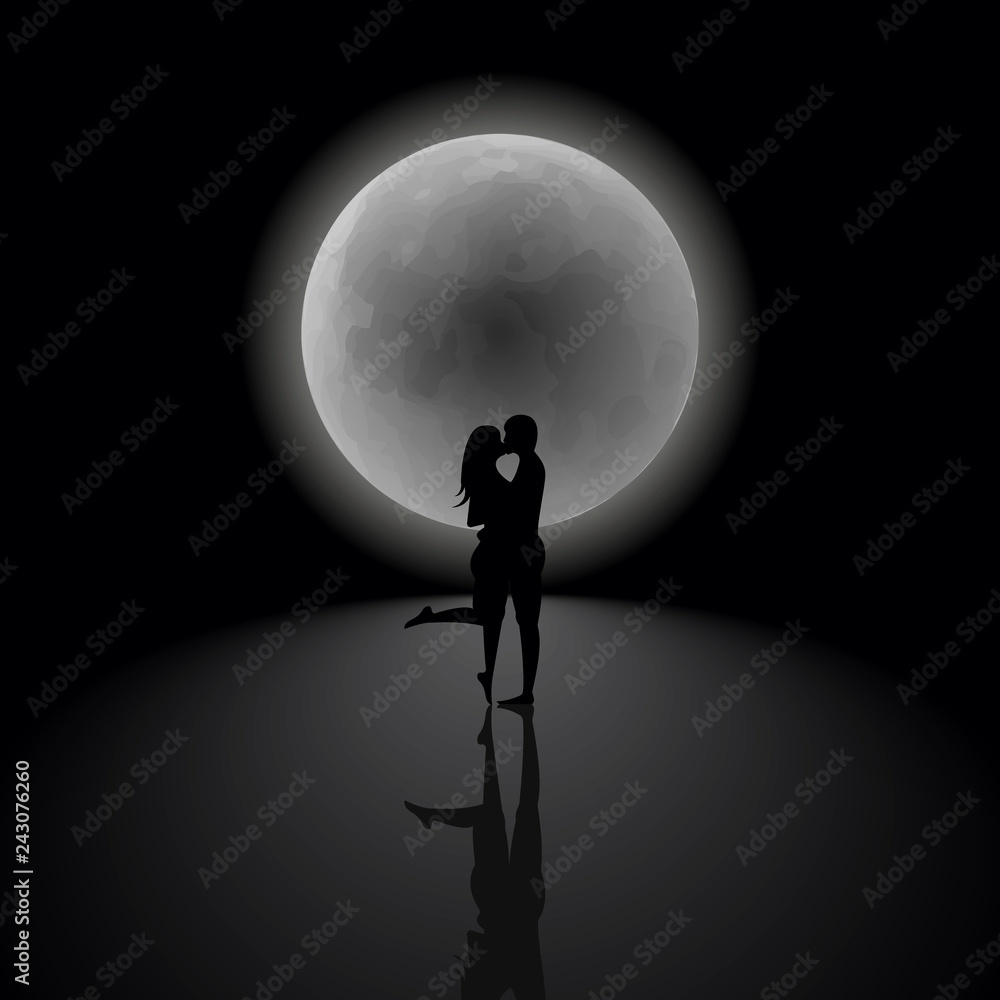 Happy Valentine is Day greeting card, poster or banner is a blank template, silhouette couple in love boy and girl kiss on the background of the night sky with a large full moon Happy Valentine is Day greeting card, poster or banner is a blank template, silhouette couple in love boy and girl kiss on the background of the night sky with a large full moon