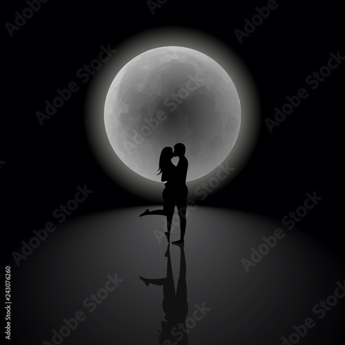 Happy Valentine is Day greeting card, poster or banner is a blank template, silhouette couple in love boy and girl kiss on the background of the night sky with a large full moon