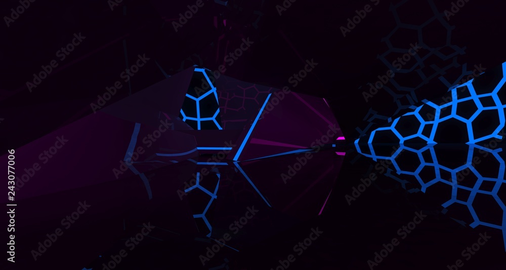 Abstract Concrete Futuristic Sci-Fi interior With Pink And Blue Glowing Neon Tubes . 3D illustration and rendering. Abstract Concrete Futuristic Sci-Fi interior With Pink And Blue Glowing Neon Tubes . 3D illustration and rendering.