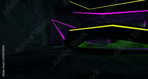 Abstract Concrete Futuristic Sci-Fi interior With Pink And Yellow Glowing Neon Tubes . 3D illustration and rendering.