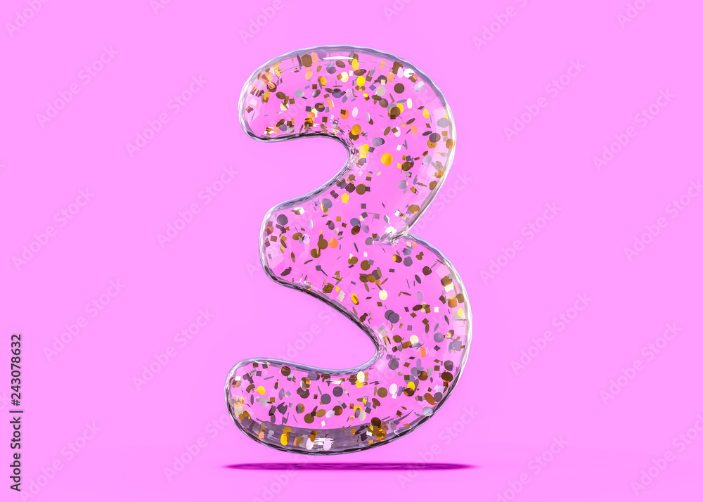 Number three. Alphabet from transparent foil balloons. 3D Number three. Alphabet from transparent foil balloons. 3D