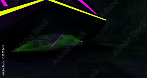 Abstract  Concrete Futuristic Sci-Fi interior With Pink And Yellow Glowing Neon Tubes . 3D illustration and rendering.