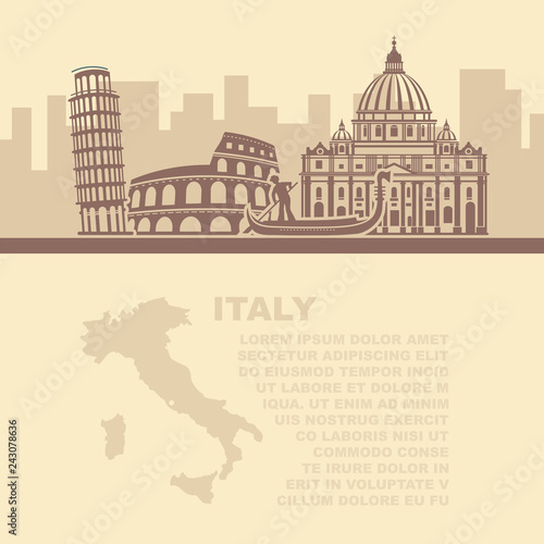 The template of the leaflets with a map and architectural attractions of Italy