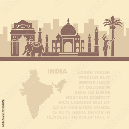 Template leaflets with a map and architectural landmarks of the India and place for text