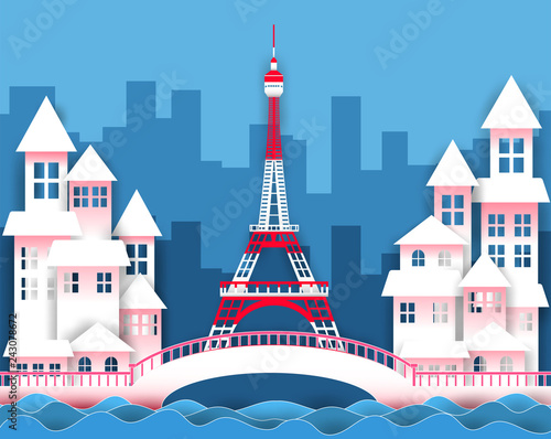 Illustration of the Eiffel Tower with a pink bridge, river and tall buildings.