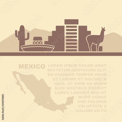 Template leaflets with a map and symbols of the Mexico and place for text