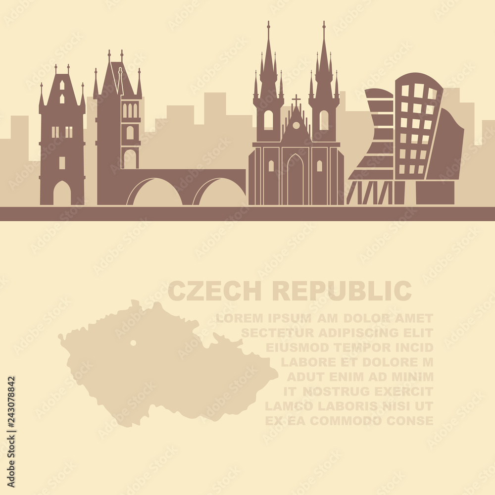 The template of the leaflets with a map of the Czech Republic and architectural attractions of Prague