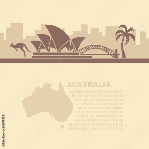 Leaflet with a map and symbols of the Australia and place for text