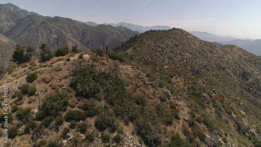 Aerial flyover of California mountains along a summit filled with trees and bushes. Clear skies, and rocky hills in the background. Dry landscape. Aerial flyover of California mountains along a summit filled with trees and bushes. Clear skies, and rocky hills in the background. Dry landscape.