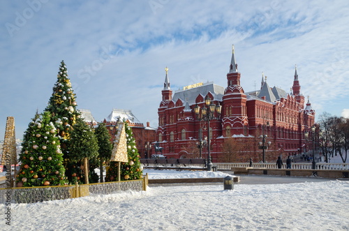 Fototapeta Naklejka Na Ścianę i Meble -  Moscow, Russia - January 9, 2019: Christmas trees on Manezhnaya square in the framework of the festival 