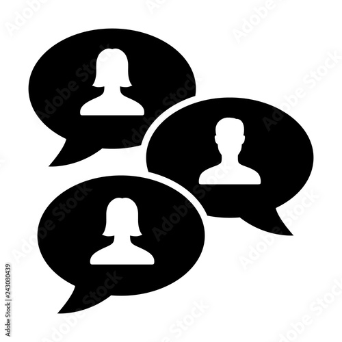 Group chat bubbles or forum discussion with men and women chatting flat vector icon for apps and websites