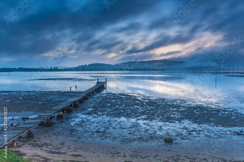 Misty Blue Dawn Bay Waterscape with Wharf