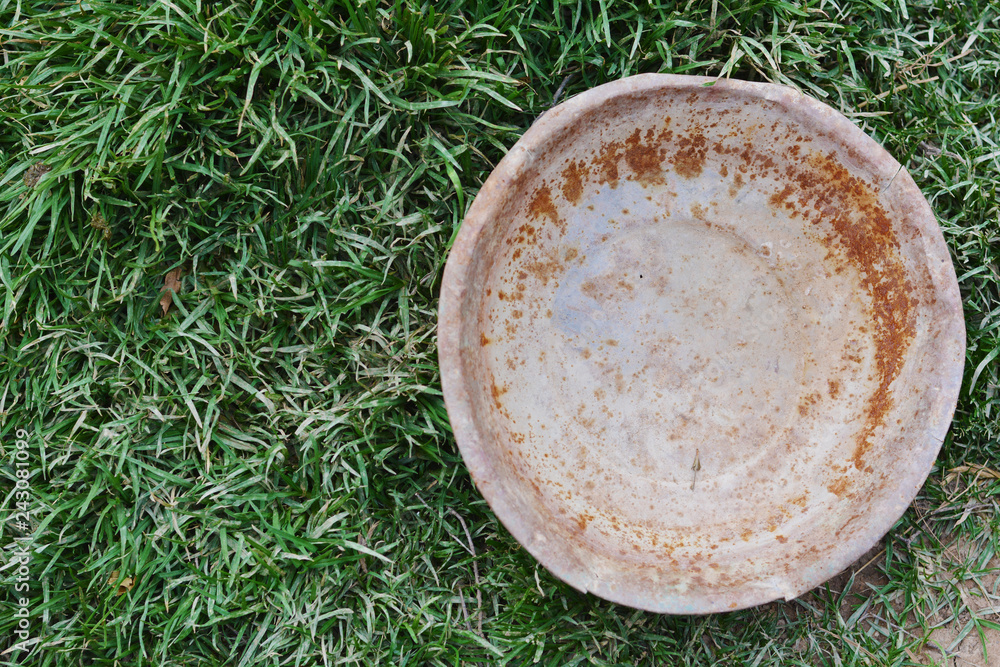 Empty plate on the grass like a symbol of hunger. Empty plate on the grass like a symbol of hunger.