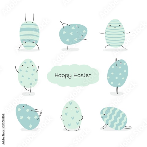 Set of Easter eggs in kawaii style . Easter yoga. Stripes, waves, dots, hearts, stars. Perfect for holiday greetings. Vector illustration.