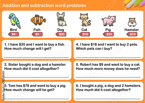 Addition and Subtraction word problems - Worksheet for education.
