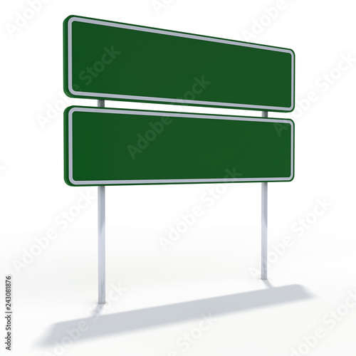 Blank green road sign or Empty traffic signs. 3D