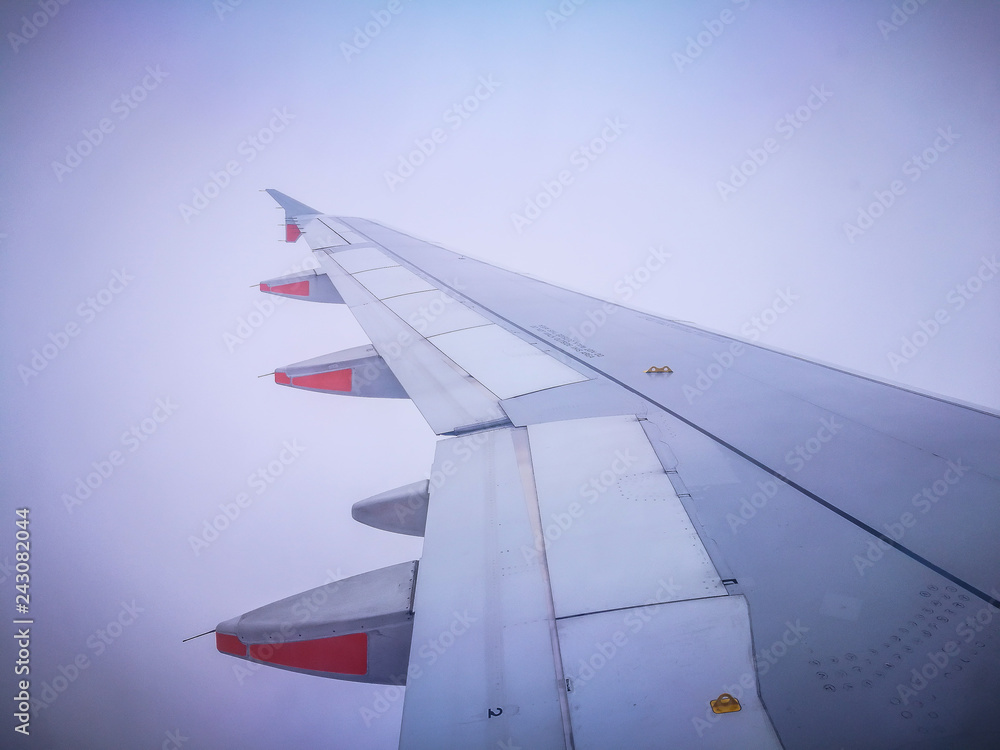 Fototapeta premium Left Aircraft wing flying isolated on white cloud sky.