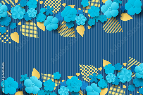 Floral pattern with blue flowers and golden leaves. Horizontal floral garland