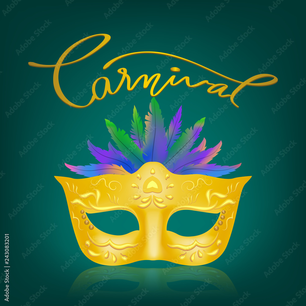 elegance designed of gold mask with colorful feather and golden carnival lettering. concept for costume mask to celebrate in carnival festival party in vector illustration 