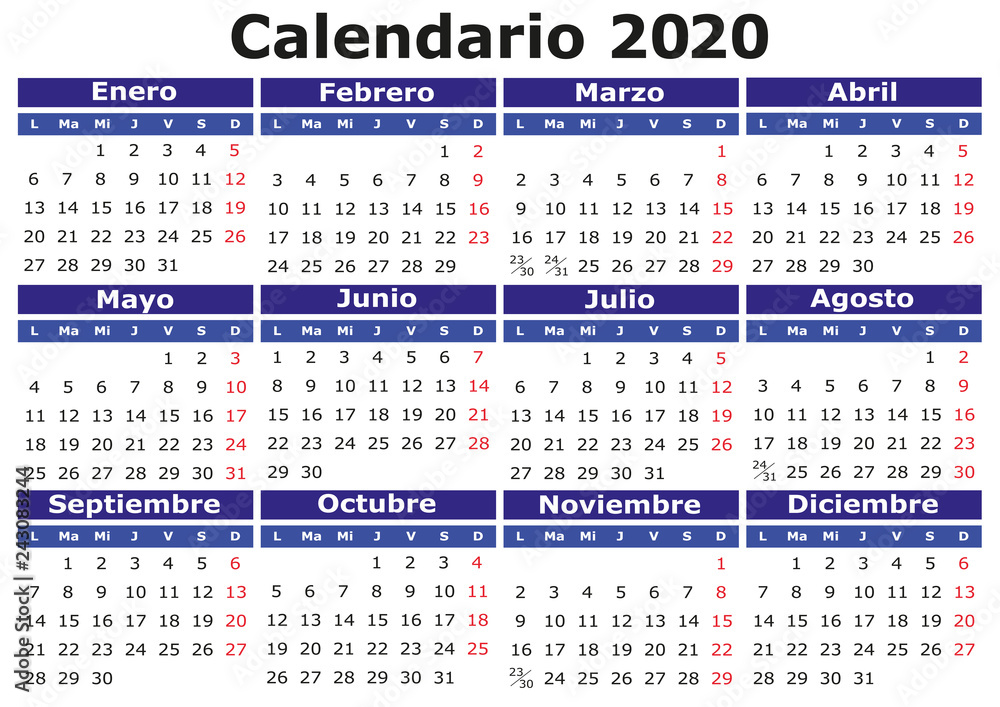 Spanish Calendar 2020 horizontal Stock Vector | Adobe Stock