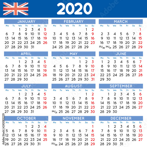 2020 Squared calendar english UK week starts on Monday