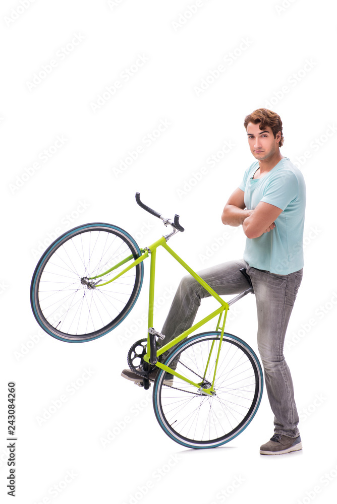 Obraz premium Young man with cycle isolated on white