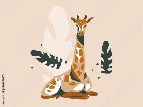 Hand drawn vector abstract cartoon modern graphic African Safari Nature concept illustrations art card with giraffe animal and tropical palm leaves isolated on pastel color background