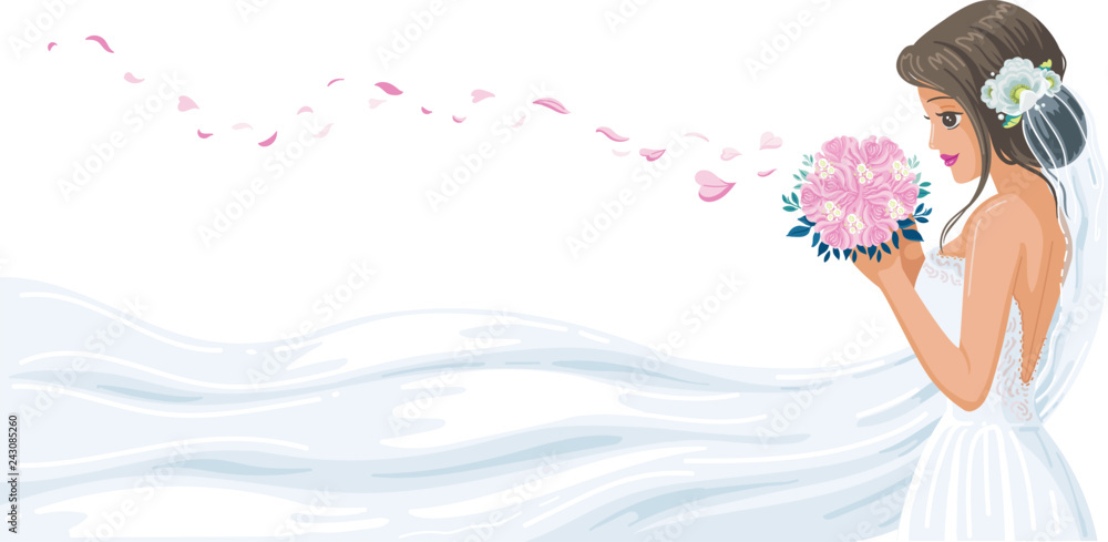 Bride Beautiful bride perfect style. Young women attractive flowers in hair.  White bridal gown blown with pink rose petals on white background. hairstyle  luxury wedding dress and bride's bouquet Stock Vector |
