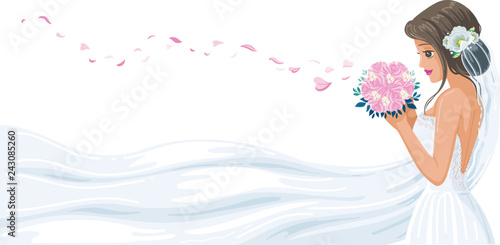 Bride Beautiful bride perfect style. Young women attractive  flowers in hair. White bridal gown blown with pink rose petals on white background. hairstyle luxury wedding dress and bride's bouquet
