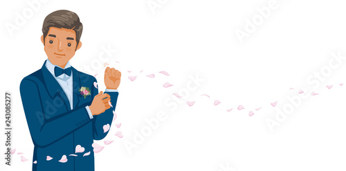 Groom in blue tuxedo and red bowtie correct his buttons. Wear cufflink, boutonniere. Perfect style wedding. Details and prepare to dress for a wedding ceremony in romantic atmosphere.vector